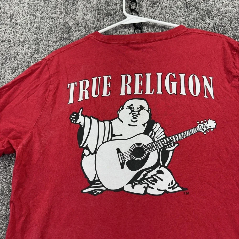 True Religion Shirt Mens Medium Red Buddha Guitar Graphic Tee Tagless Casual